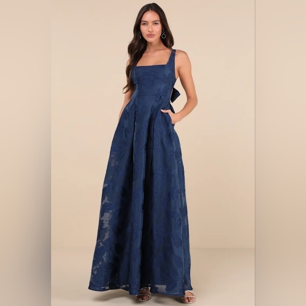 Lulus Perfected Aura Navy Jacquard Tie-Back Maxi Dress with Pockets Wedding Prom - Picture 2 of 11